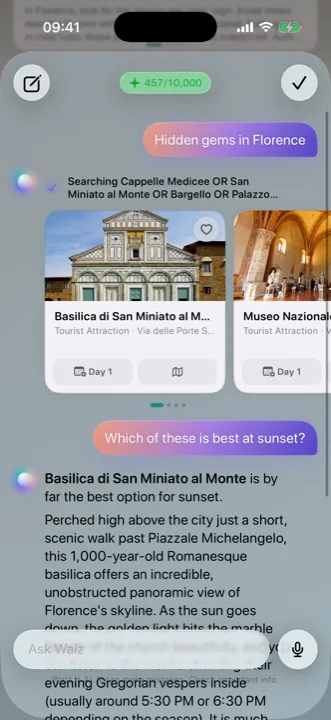 Waiz AI chat suggesting Florence sights with photo cards