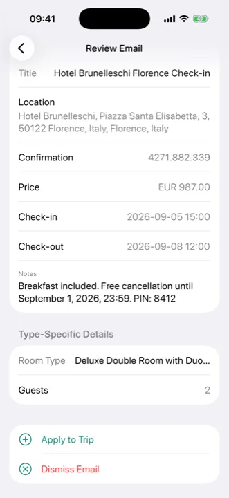 Waiz parsing a hotel booking email into a trip