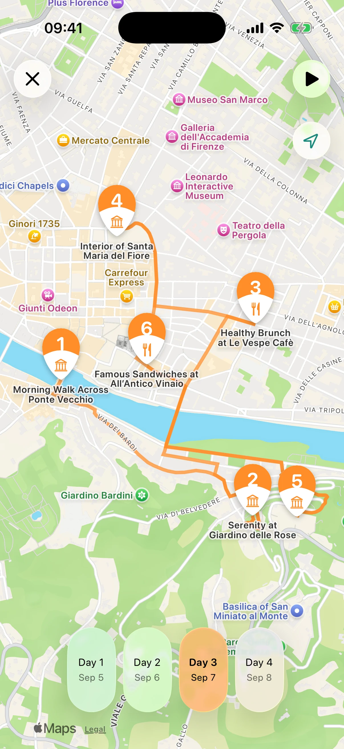 Waiz trip map with colour-coded routes and numbered pins across Florence