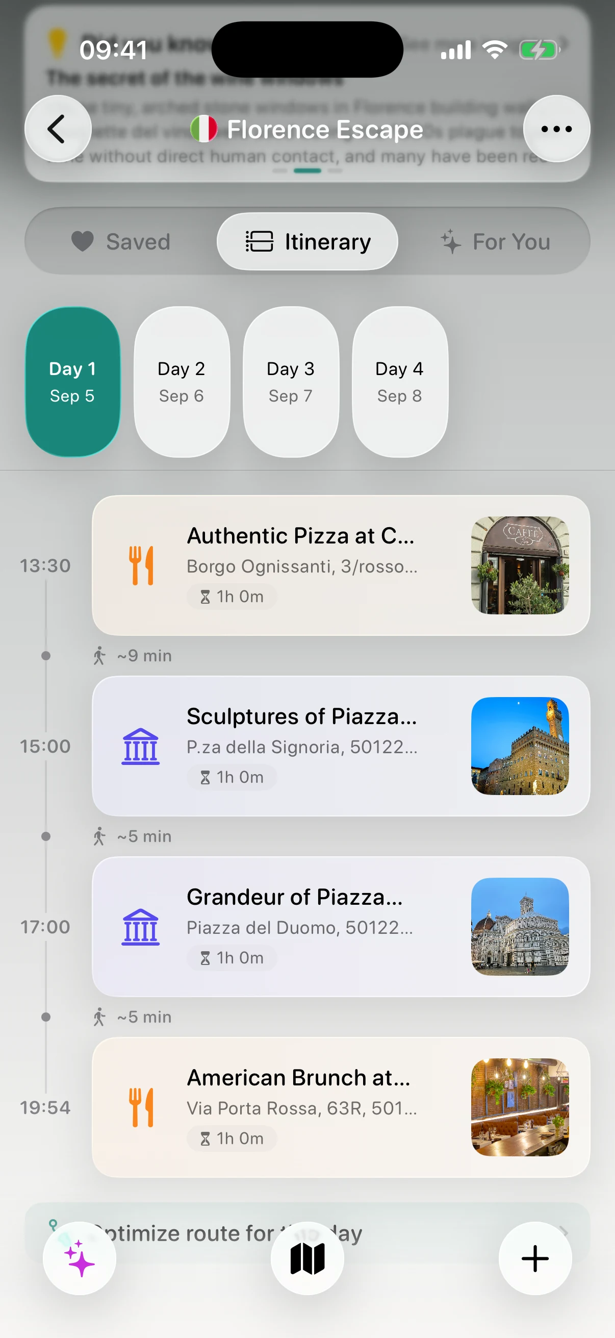 Waiz day-by-day itinerary with photo cards and walking times