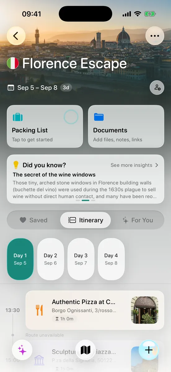 Waiz app showing an AI-generated Florence trip, ready to save